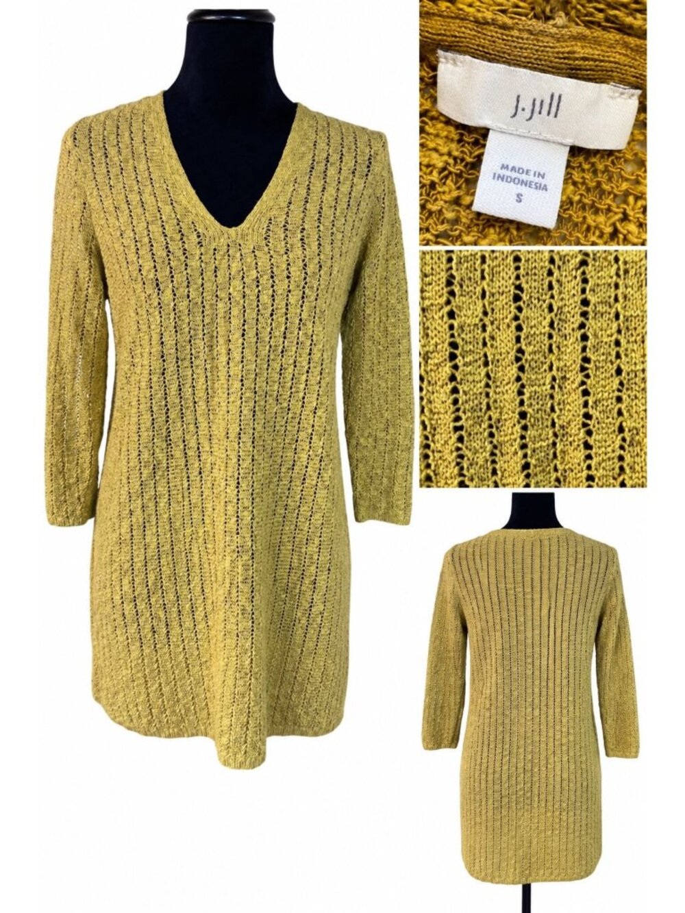 J.Jill Women’s Size S Mustard Gold Open Knit V-Neck Tunic Sweater